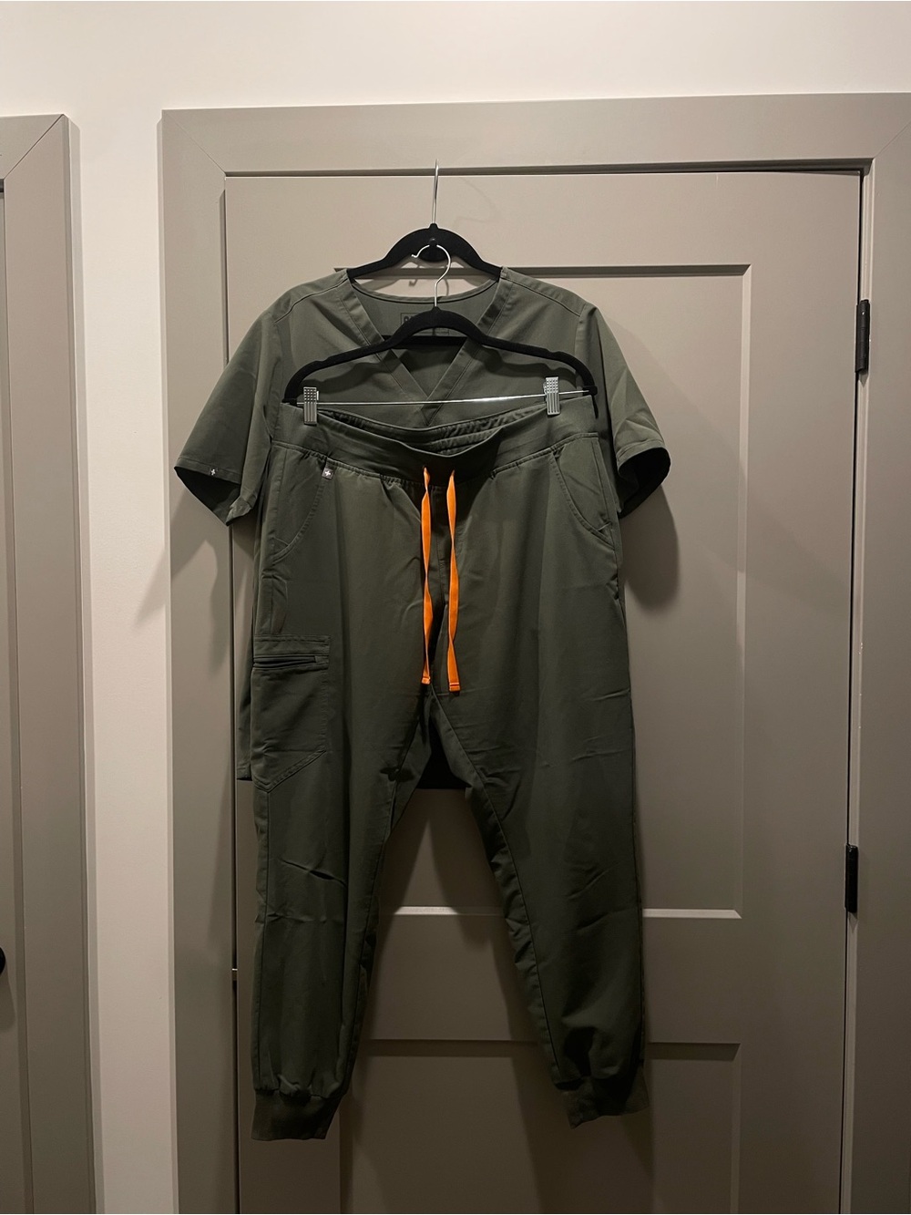 Women’s Olive Green Jogger Scrub Set with Orange Drawstring